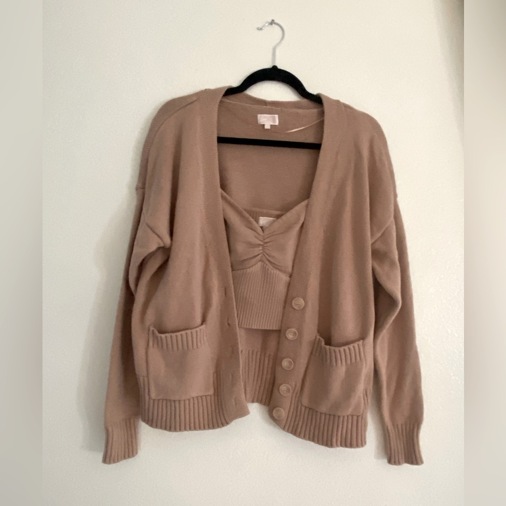 Brown/Beige Ribbed Knit Cardigan, Cami & Sweatpants - 3 Piece Set
